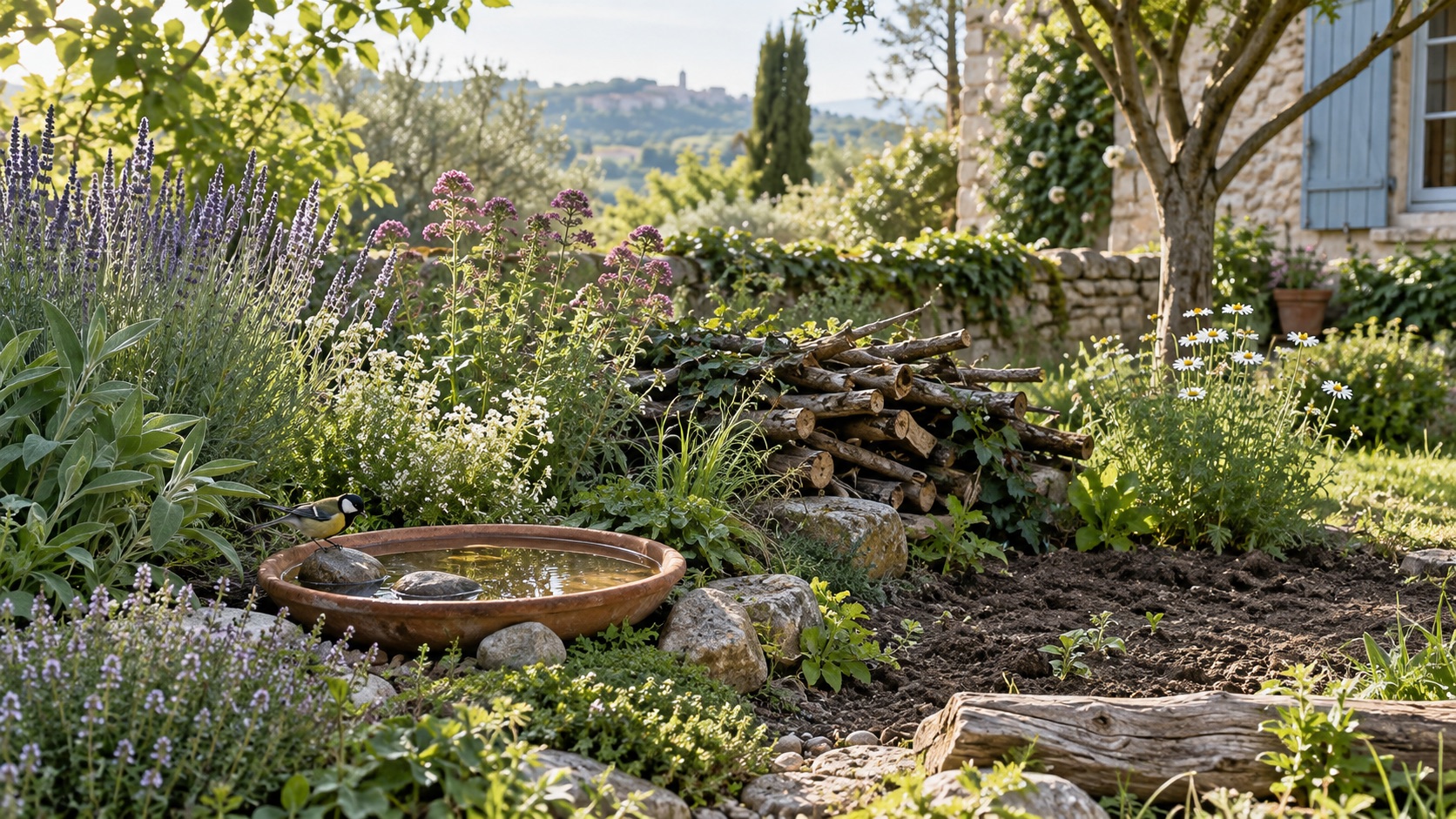 Coin de jardin accueillant avec fleurs, point d’eau peu profond, branches et terre nue