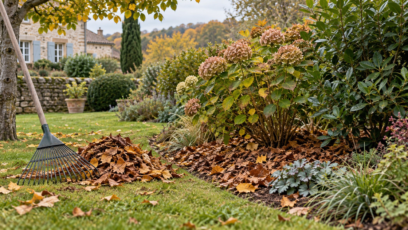 Feuilles mortes utilisées en paillage au pied d’arbustes dans un jardin
