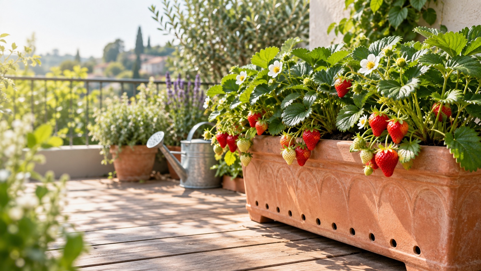 Fraisiers chargés de fruits dans une jardinière en terre cuite sur une terrasse ensoleillée