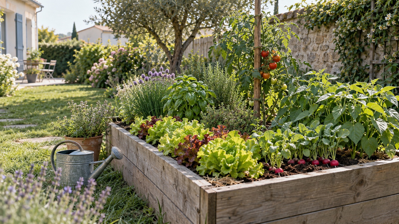 Petit potager en carré avec salades, radis, aromatiques et tomate tuteurée