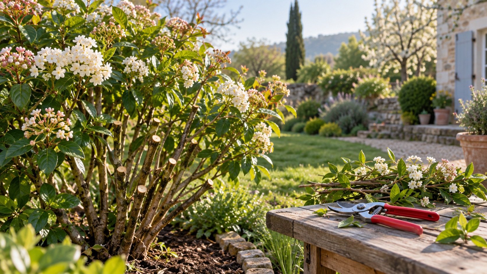 Arbuste d’ornement taillé avec un sécateur propre dans un jardin